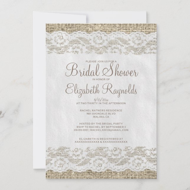 Brown Rustic Lace Bridal Shower Invitations (Front)