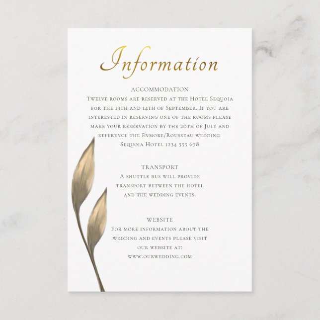 Brown rustic leaf gold script guest information enclosure card (Front)