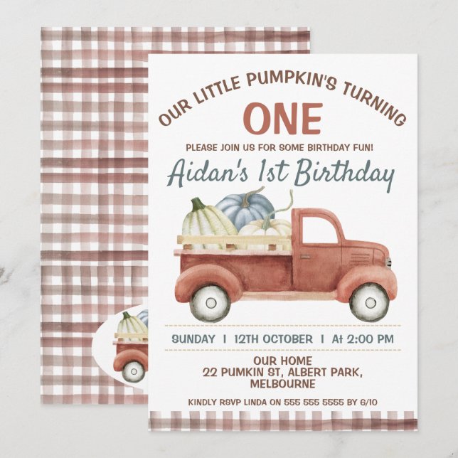 Brown Rustic Little Pumpkin Truck 1st Birthday Invitation (Front/Back)
