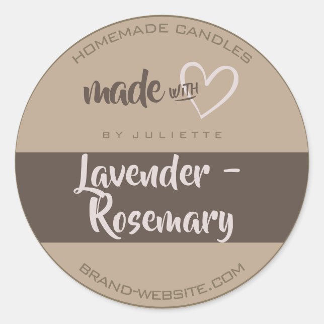 Brown Rustic Made with Love Heart Candle Packaging Classic Round Sticker (Front)