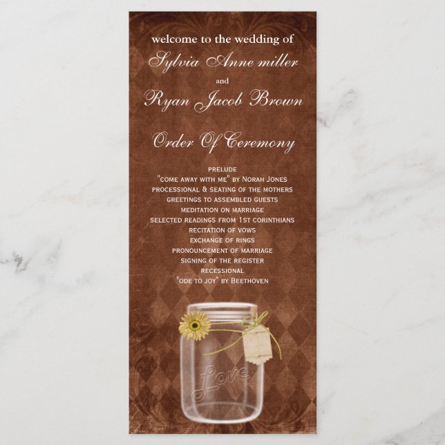 brown rustic mason jar  Wedding program Programme (Front)