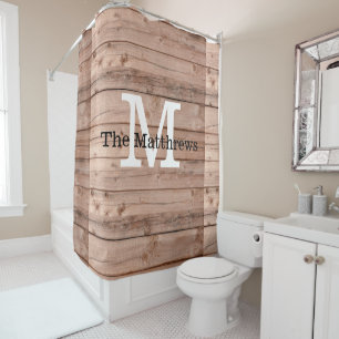 Brown Rustic Pattern Monogram Farmhouse Name  Shower Curtain