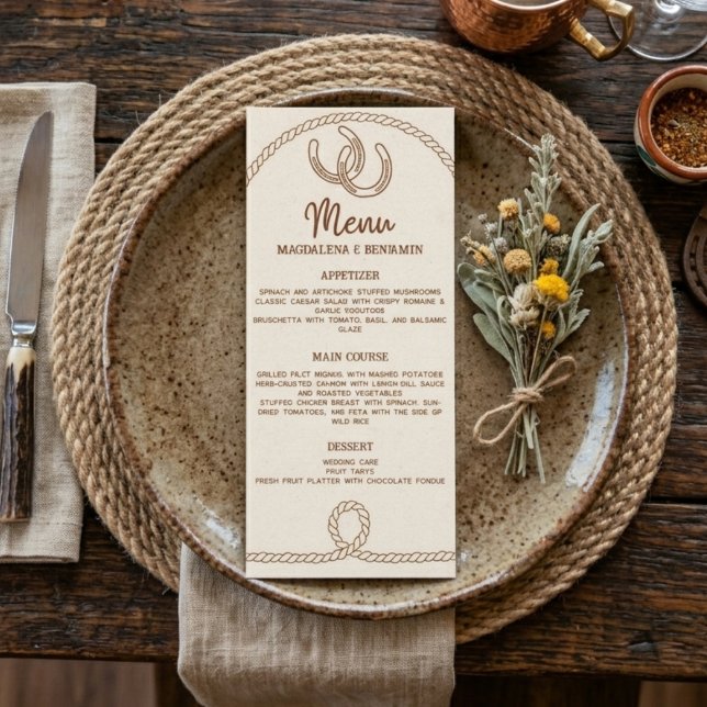 Brown Rustic Western Rope Horseshoes Wedding Menu (Creator Uploaded)