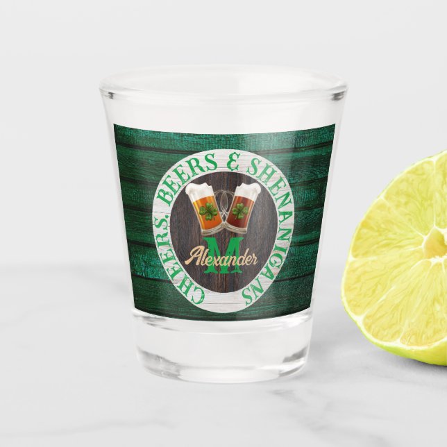 Brown Rustic Wood Cheers Beers Shenanigans   Shot Glass (Front)