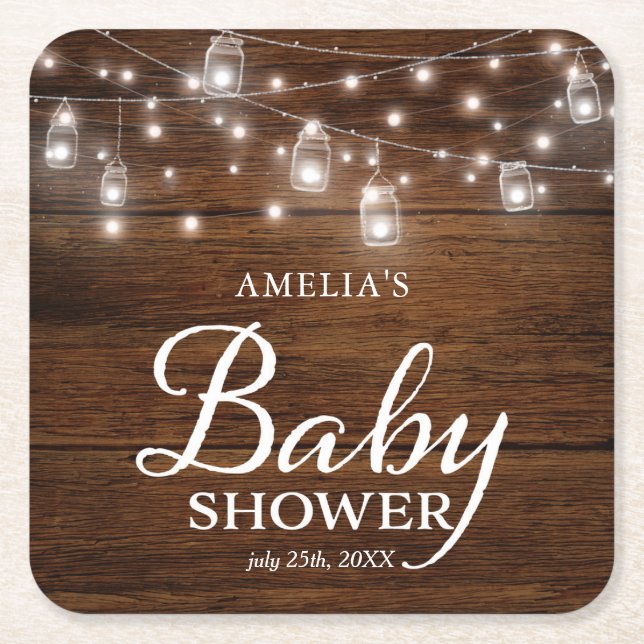 Brown Rustic Wood Mason Jars Lights Baby Shower Square Paper Coaster (Front)