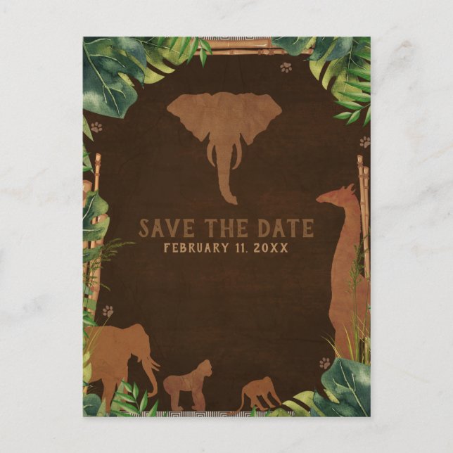 Brown Safari Jungle Zoo Animals Save the Date Announcement Postcard (Front)