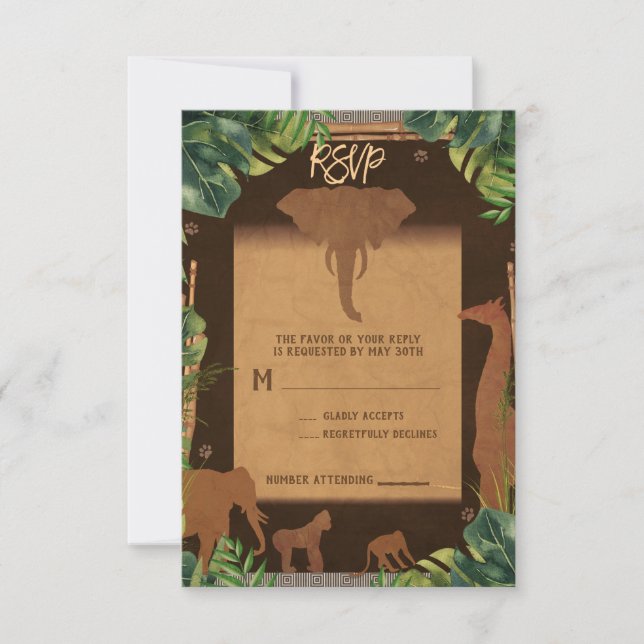 Brown Safari Jungle Zoo Animals Wedding RSVP Card (Front)