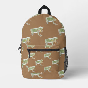 Brown Sage Green Watercolor Frog Pattern Printed Backpack
