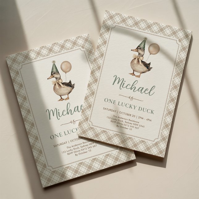 Brown Sage One Lucky Duck Balloon 1st Birthday Invitation (Creator Uploaded)