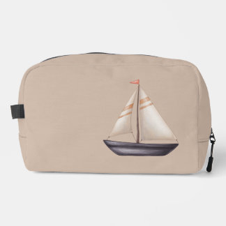 Brown Sailing Boat and Name on Beige Dopp Kit