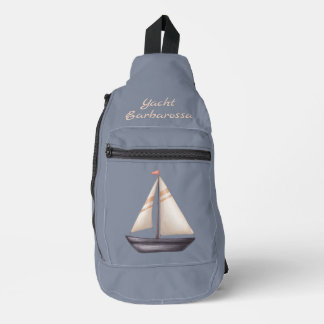 Brown Sailing Boat and Name on Gray Sling Bag