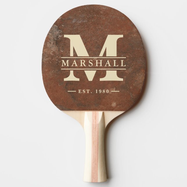 Brown Sand Stone Monogram & Name Overlay Ping Pong Paddle (Back)