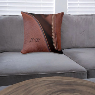 Brown Satin and Unzipped Faux Leather Cushion