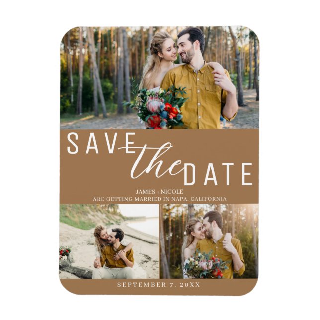 Brown Save the Date Wedding 3 Photos Magnet (Vertical)