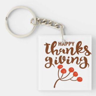 Brown Script Happy Thanksgiving Text With Autumn B Key Ring