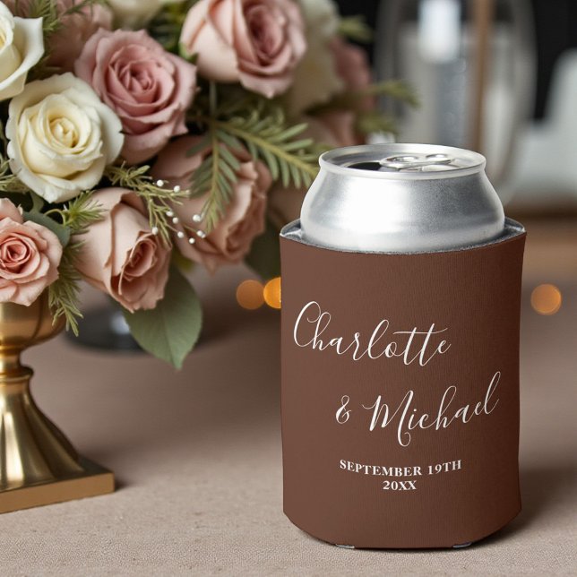 Brown Script Minimalist Wedding Can Cooler (Creator Uploaded)