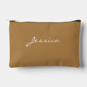 Brown Script Name Minimal Modern Travel Cosmetic Accessory Pouch