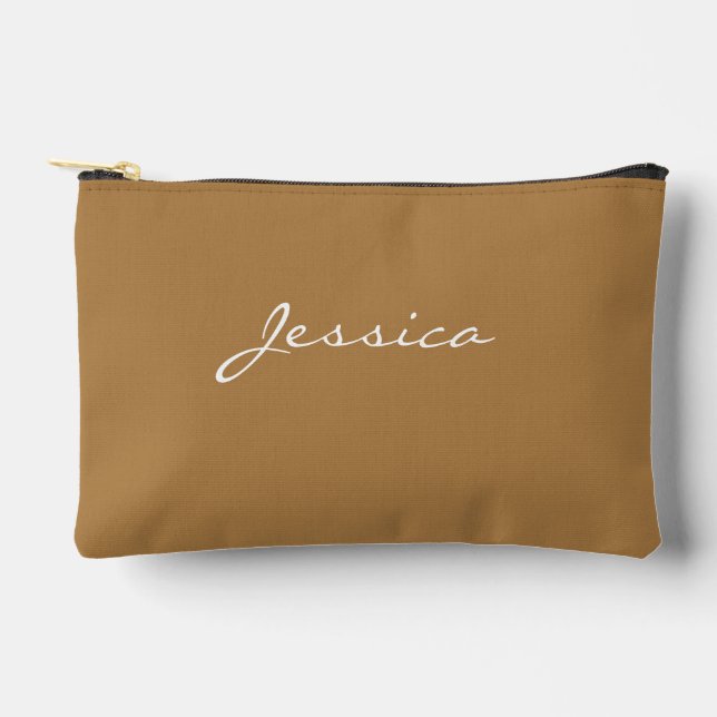 Brown Script Name Minimal Modern Travel Cosmetic Accessory Pouch (Front)