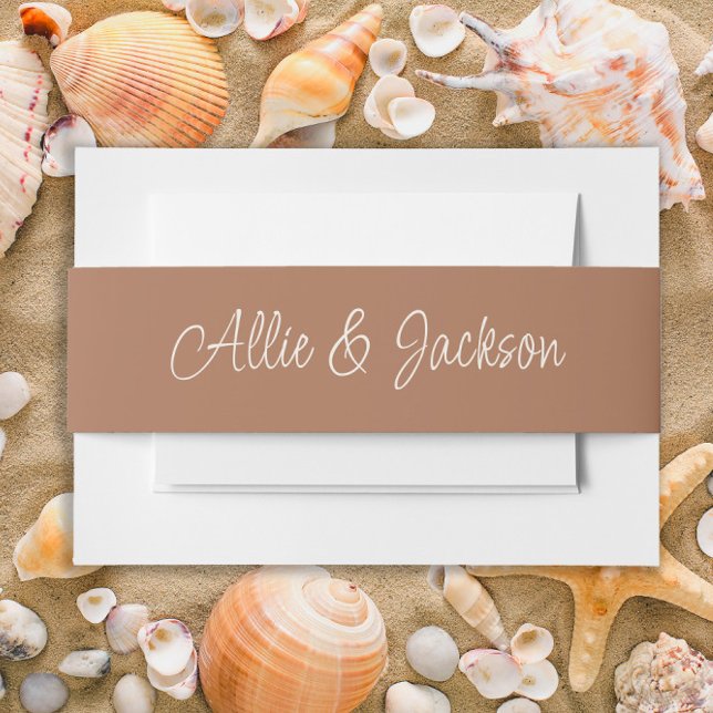 Brown Script Wedding Names Invitation Belly Band (Brown wedding stationery belly band)