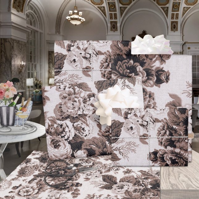 Brown Sepia Floral Peonies Dahlias Asters Roses Wrapping Paper Sheet (Creator Uploaded)