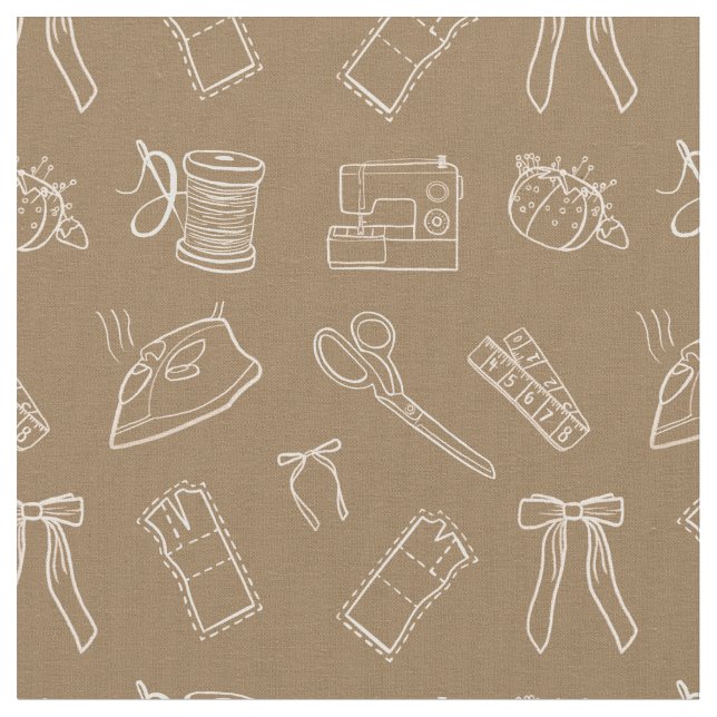 Brown Sewing Themed Pattern Fabric (Close Up)