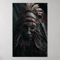 Brown Shaman Mask with Feathers and Red Poster