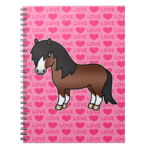 Brown Shetland Pony Cartoon Drawing & Pink Hearts Notebook