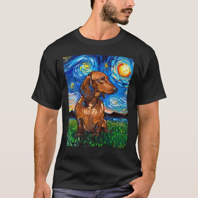Brown Short Hair Dachshund Doxie Starry Night Dog  T-Shirt (Front)