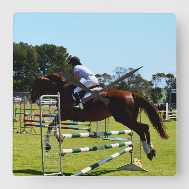 Brown Show Jumping Horse, Square Wall Clock (Front)