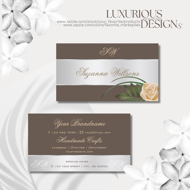 Brown Silver Decor Cute Rose Flower with Initials Business Card (Creator Uploaded)