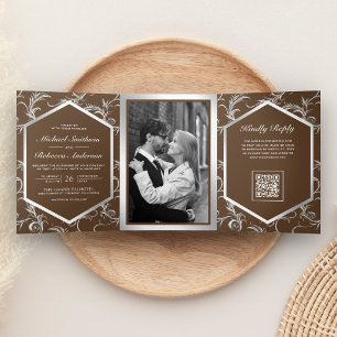 Brown Silver Flourish QR Code Wedding Tri-Fold Invitation