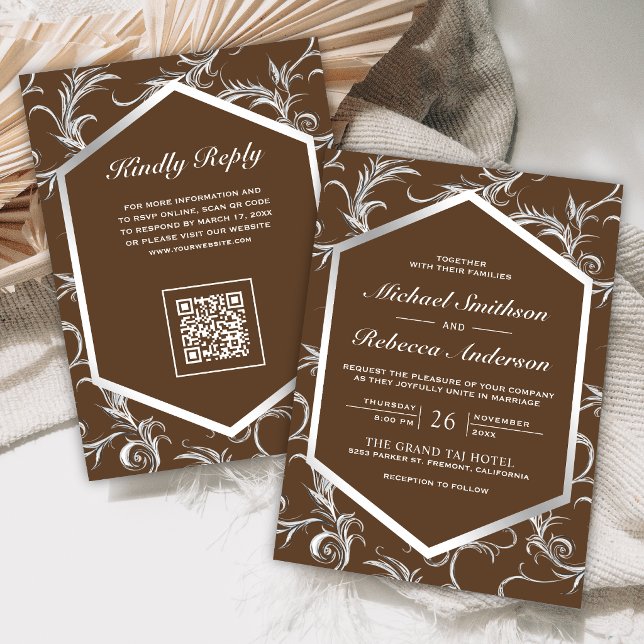 Brown Silver Flourish Swirl QR Code Wedding Invitation (Creator Uploaded)