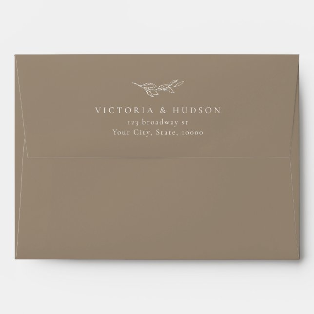 Brown simple botanical wedding return address envelope (Back (Top Flap))
