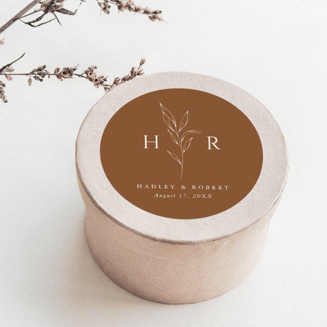Brown Simple Minimal Monogram Botanical Wedding Classic Round Sticker (Creator Uploaded)