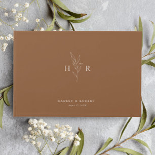 Brown Simple Minimal Monogram Botanical Wedding Guest Book