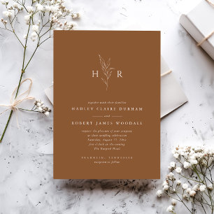 Brown Simple Minimal Monogram Botanical Wedding Invitation