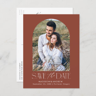 Brown Simple Modern Arch Photo Save the Date Announcement Postcard