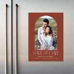 Brown | Simple Modern Arch Photo Save the Date Magnetic Invitation<br><div class="desc">Announce your wedding date in style with our modern photo save the date magnet. The simple save the date magnet features your engagement photo inside of a terracotta brown arch frame. "Save the Date" is displayed in white modern serif and script fonts. Personalise the save the date photo magnet by...</div>