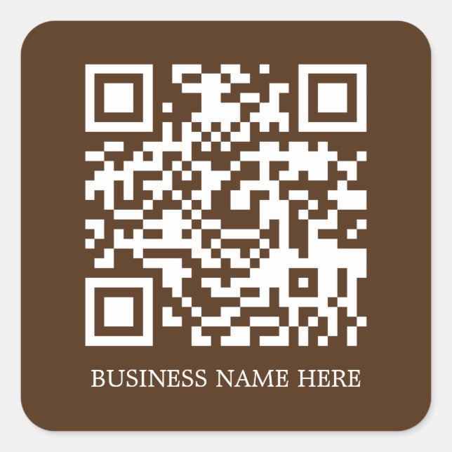 Brown Simple, Modern QR Code Business Name Square Sticker (Front)