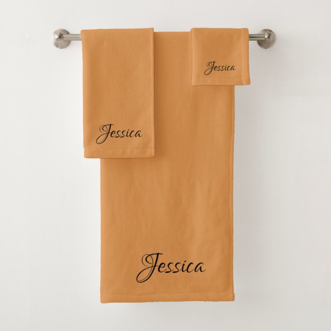 Brown simple script name plain bath towel set (Insitu)