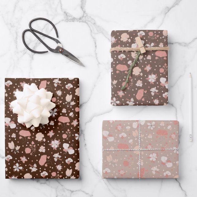 Brown Sketched Flowers Wrapping Paper Sheet (Front)