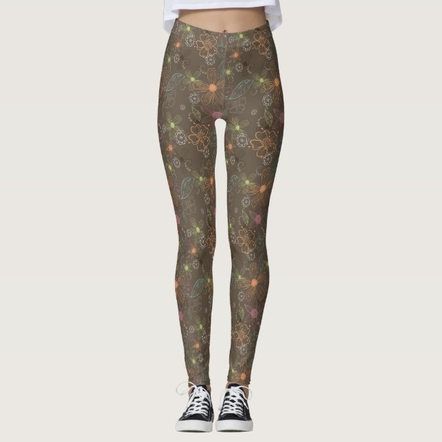 Brown sketchy Floral leggings (Front)