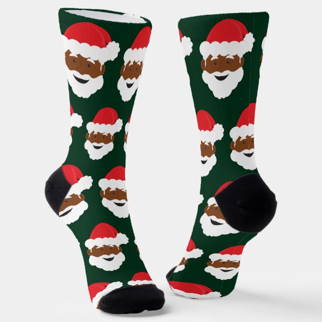 Brown Skin Black Santa Claus Christmas Socks (Angled)