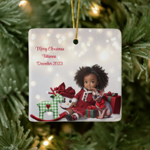 Brown Skin Girl Personalized Christmas Ceramic Ornament