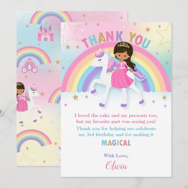 Brown Skin Princess and Rainbow Unicorn Birthday Thank You Card (Front/Back)
