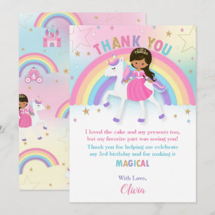 Brown Skin Princess and Rainbow Unicorn Birthday Thank You Card
