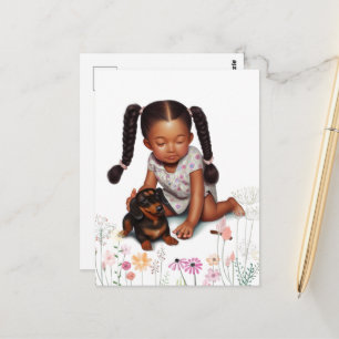 Brown skin toddler girl with puppy postcard