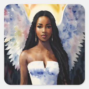Brown-Skinned Angel Woman Watercolor Art Square Sticker