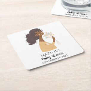 Brown smiling boho woman bouquet of hearts square paper coaster