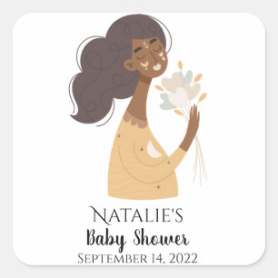 Brown smiling boho woman bouquet of hearts  square sticker